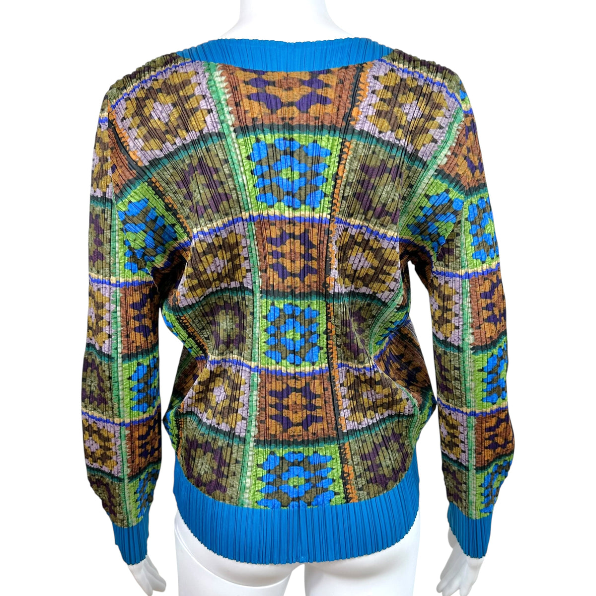 Issey Miyake Pleats Please Turquoise Multicolor Crochet Square Printed Pleated Cardigan Top Sz 3
