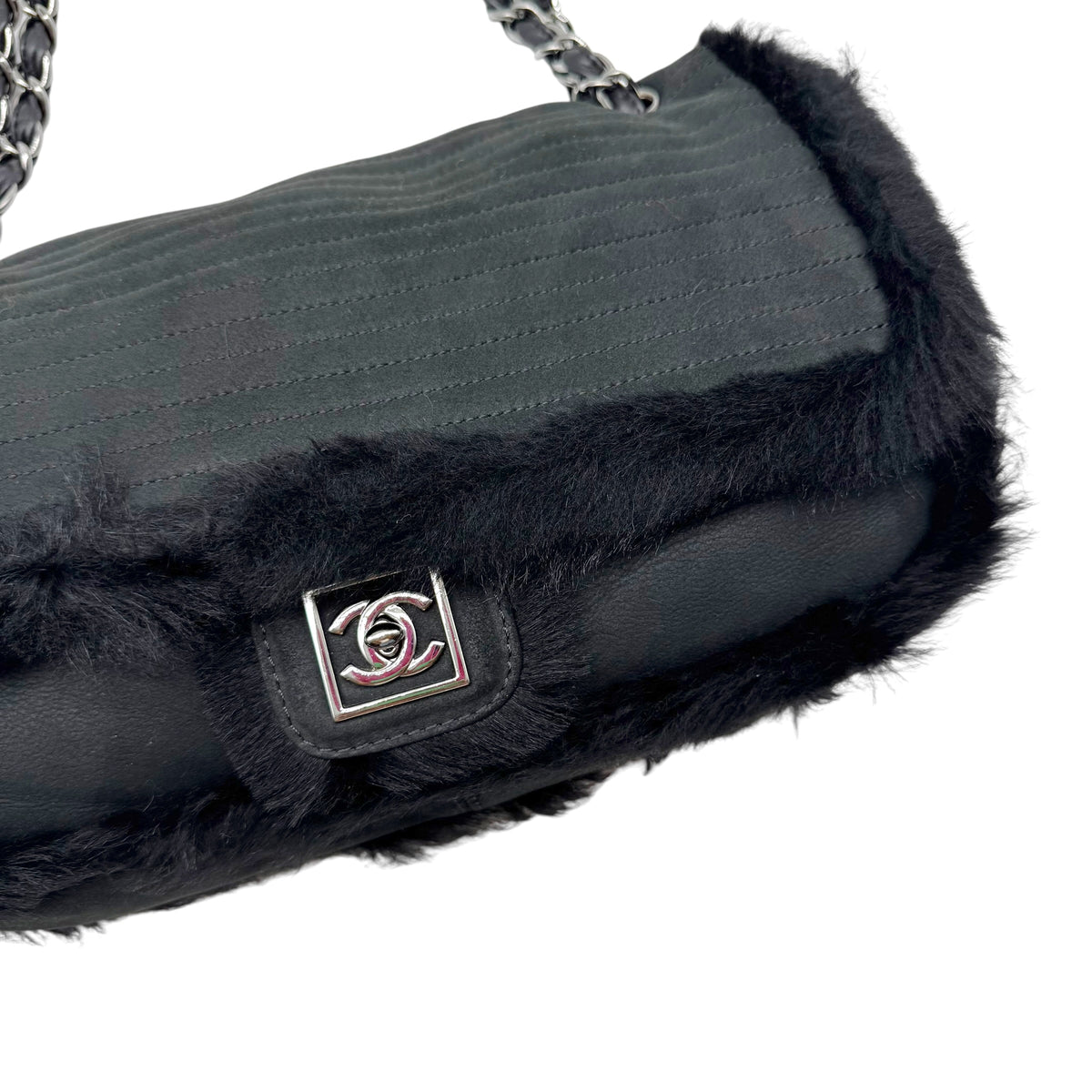 Chanel Sport Black Shearling Quilted Large Flap Bag 2006-08