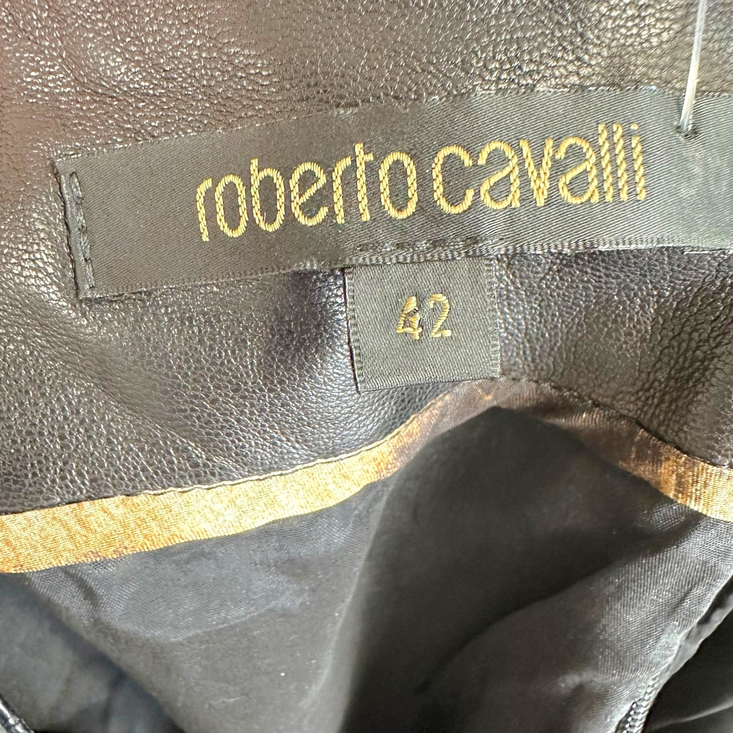 Roberto Cavalli F/W 2005 Black Leather & Gold Studded Midi Skirt