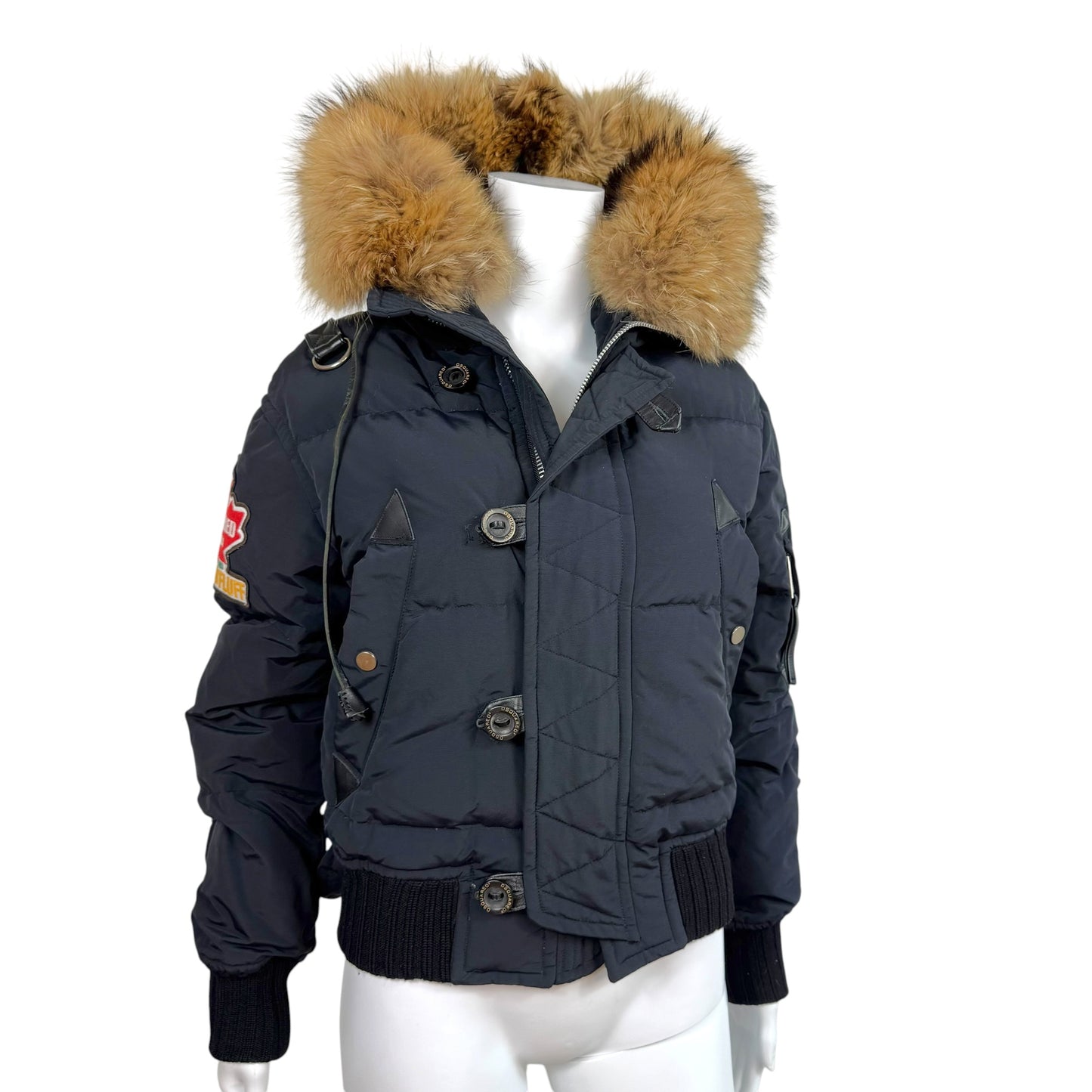 Dsquared2 Black Fox Fur Trim Hood Logo Patch Down Fill Puffer Coat