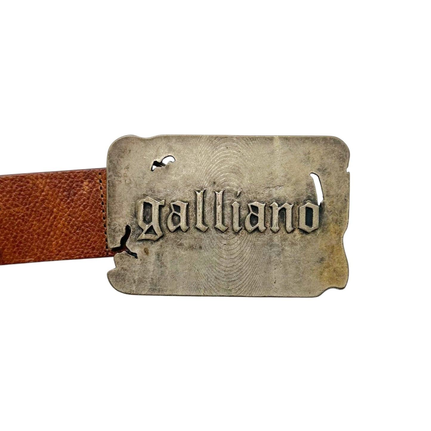 Galliano Brown Leather & Silver Studded XL Logo Buckle Belt
