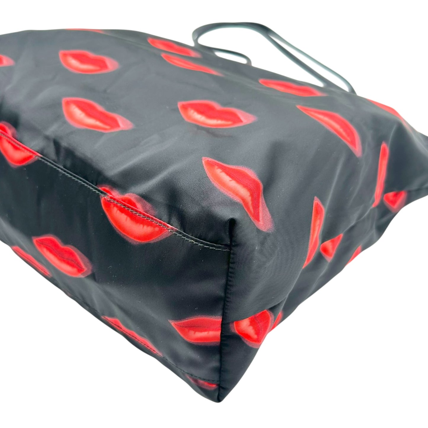 Prada Black Red Lip Print Nylon Tote Bag