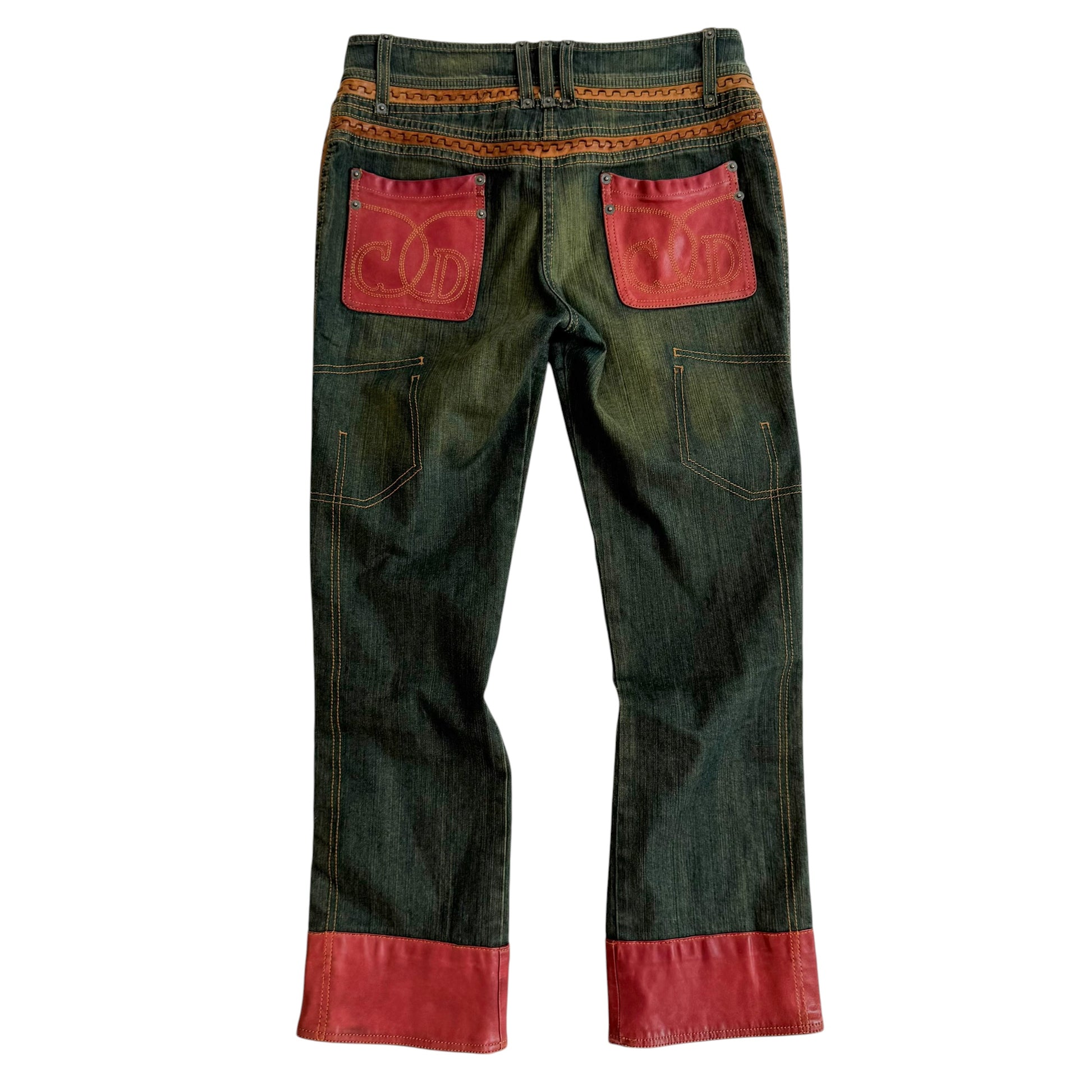 Christian Dior Denim Capri Pants Burgundy Leather Trim