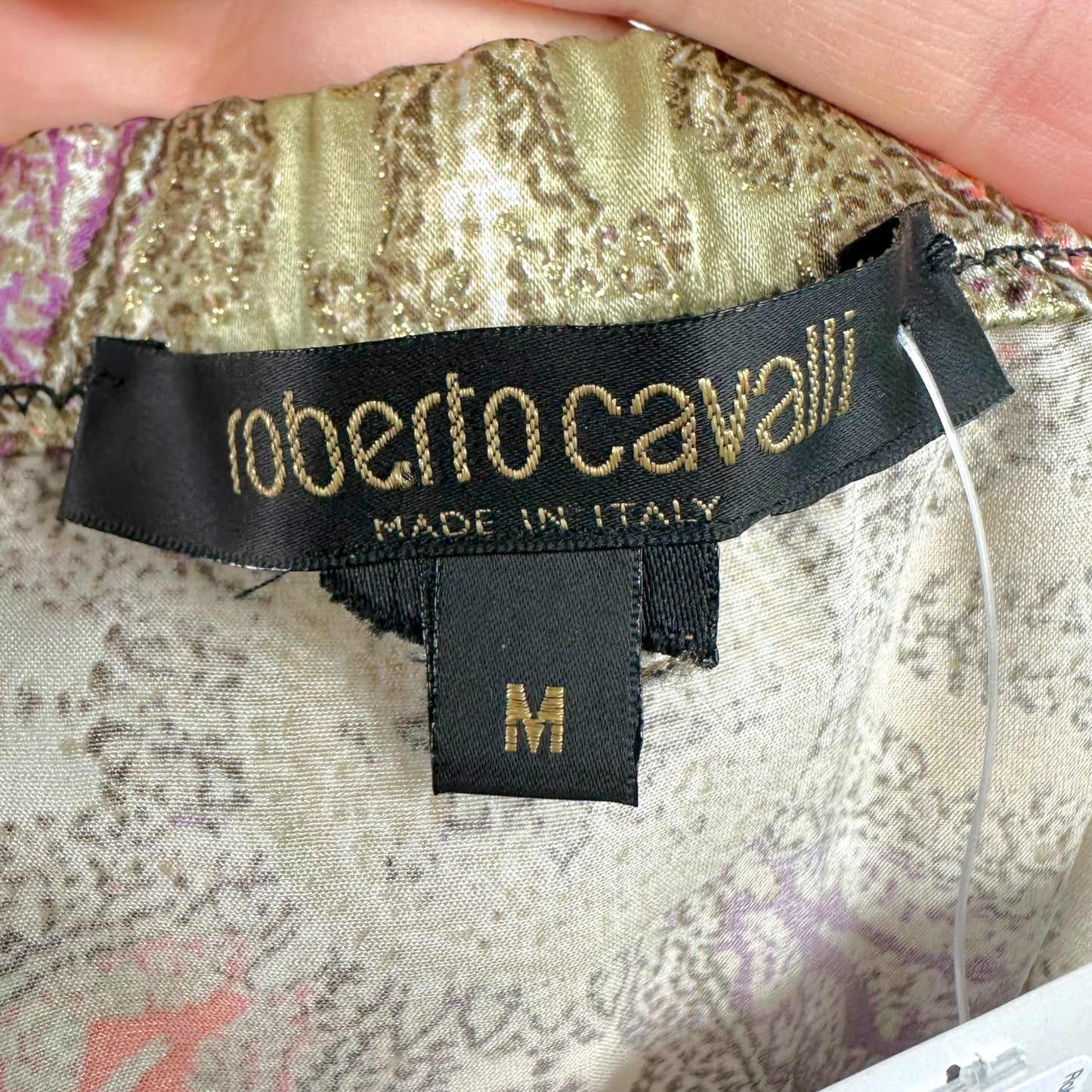 Roberto Cavalli 2004 Gold & Black Multi Metallic Print Silk Midi Skirt