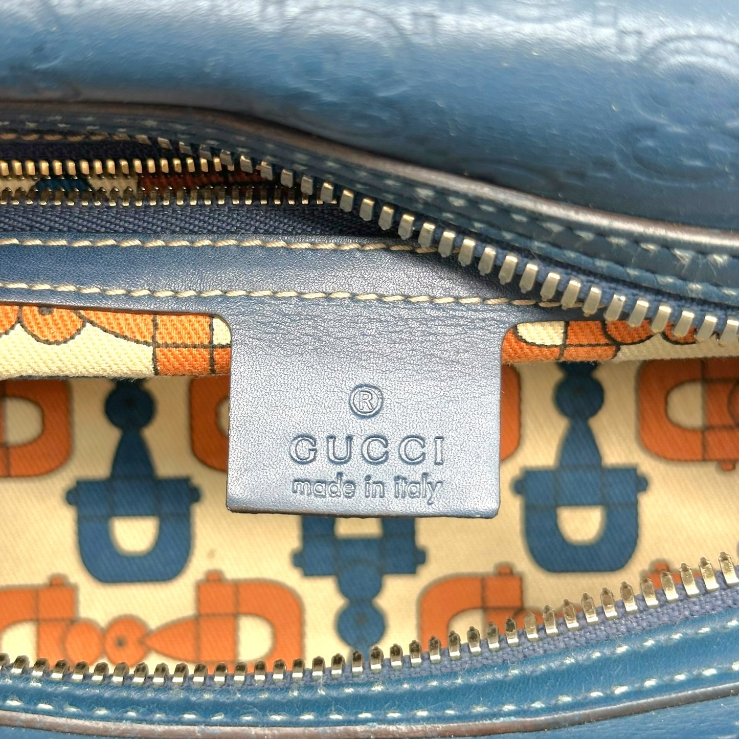 Gucci Navy Blue & Gold Bamboo Guccissima Monogram East-West Shoulder Bag