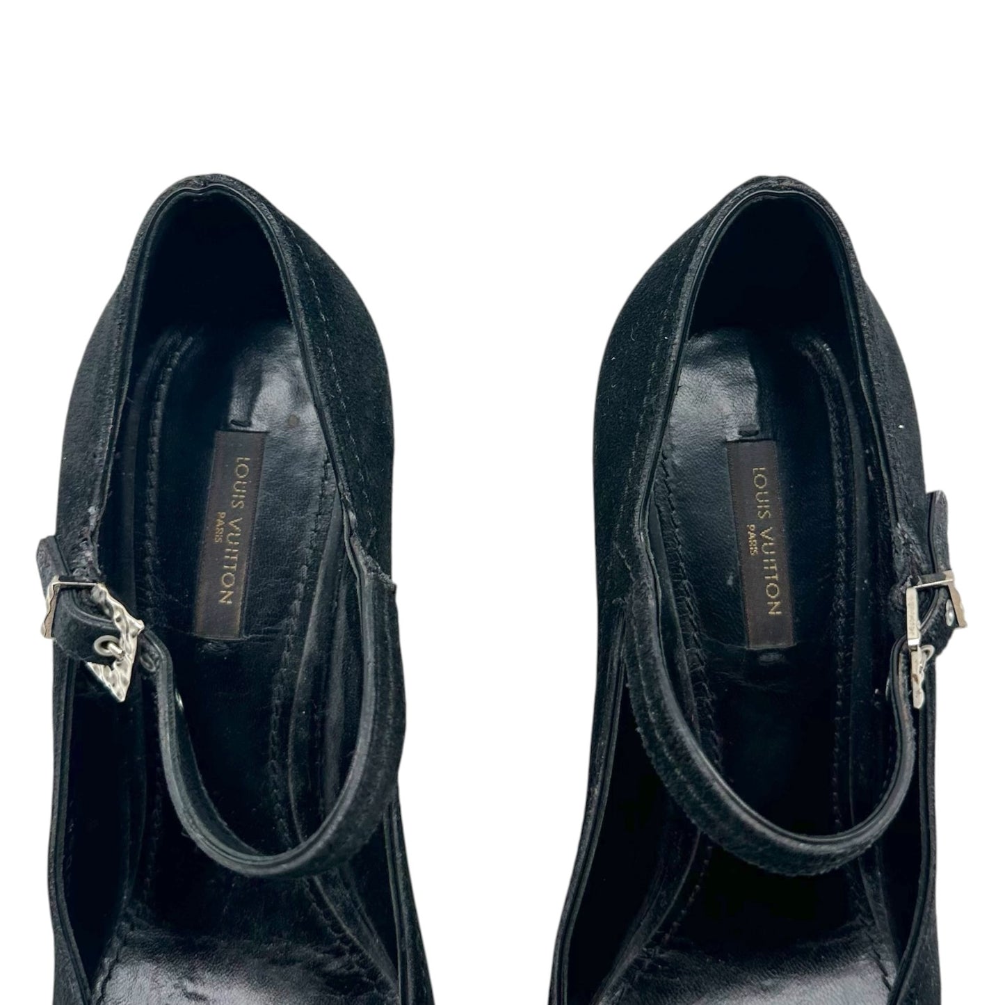 Louis Vuitton Black Suede & Silver Hardware Square Toe Mary Jane Pumps