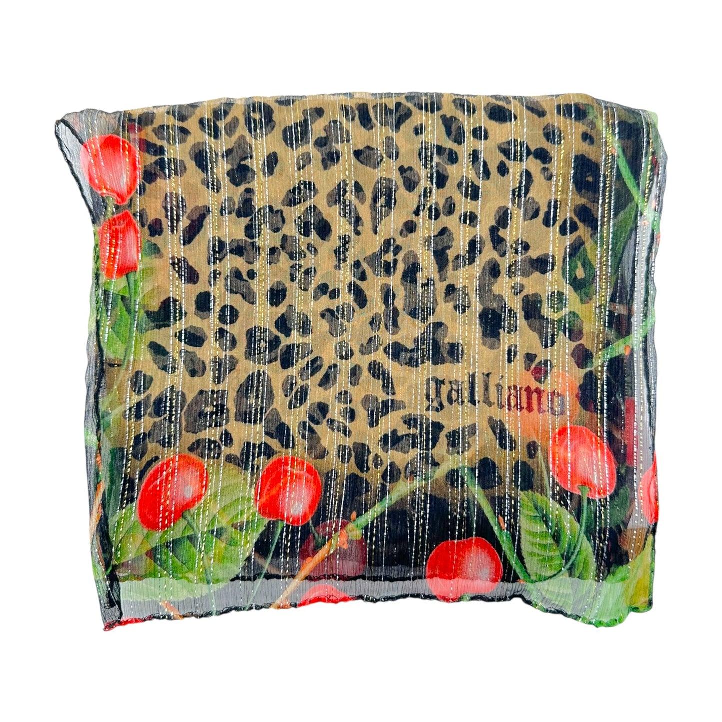 Galliano Cherry & Leopard Print Metallic Silk Scarf