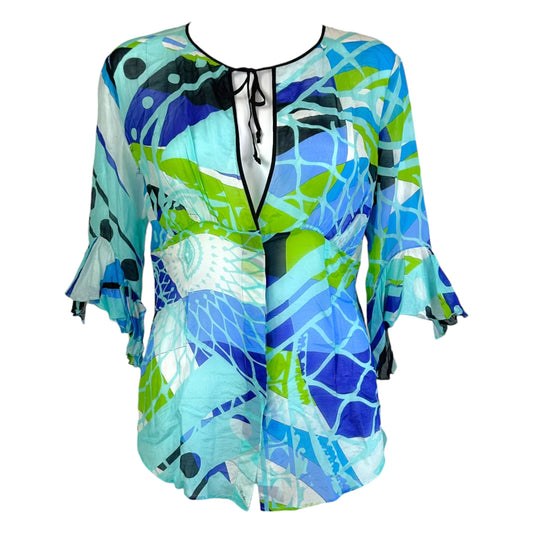 Emilio Pucci Blue & Green Printed Silk 1/2 Sleeve Blouse