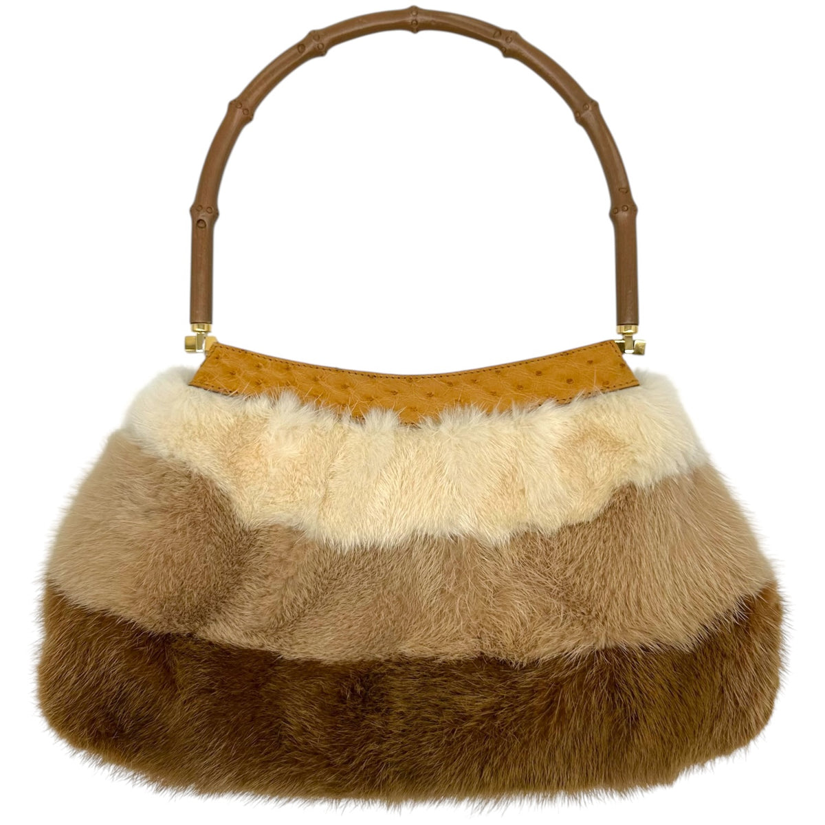 Gucci Shoulder Bag Tan Ostrich Mink Bamboo Handle