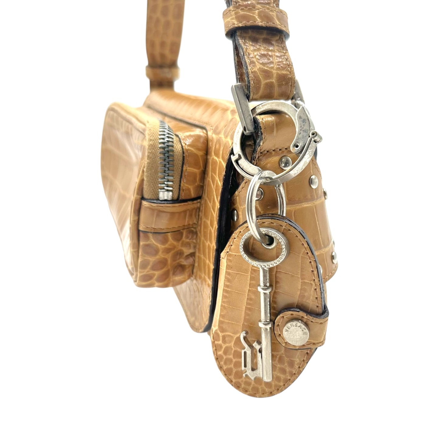 Versace Tan Croc Embossed Mini Shoulder Bag