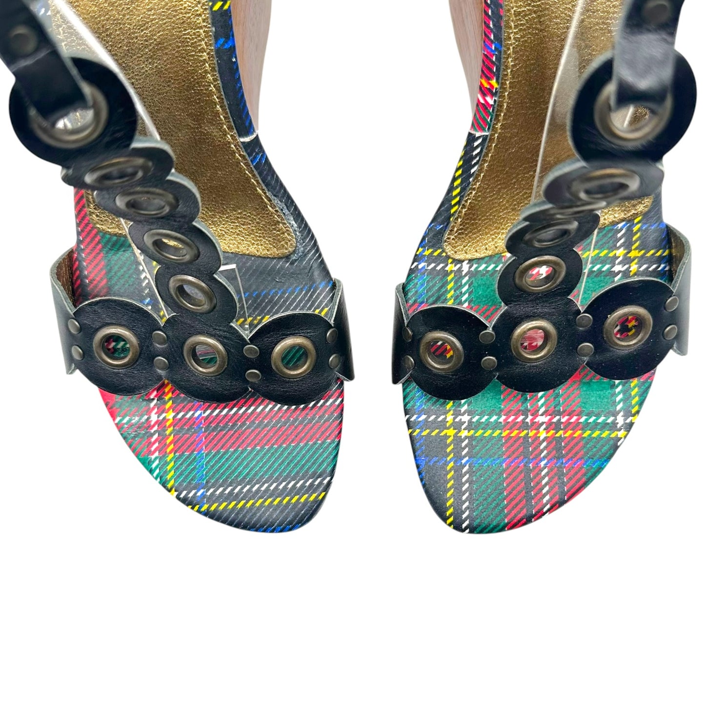 D&G Wooden Platform Heels Plaid Red Blue Green