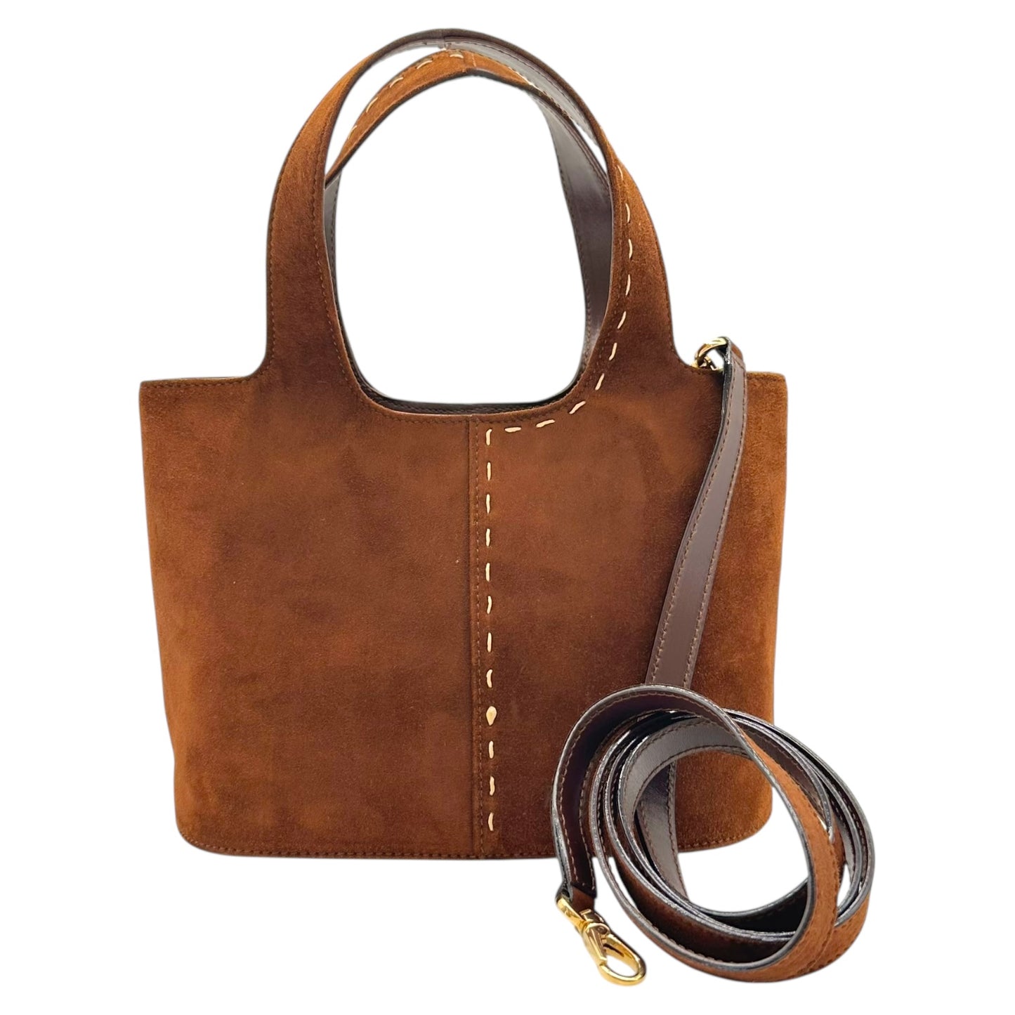 Salvatore Ferragamo Brown Suede Contrantrast Stitch 2-Way Mini Bucket Bag - Outfit Repeater