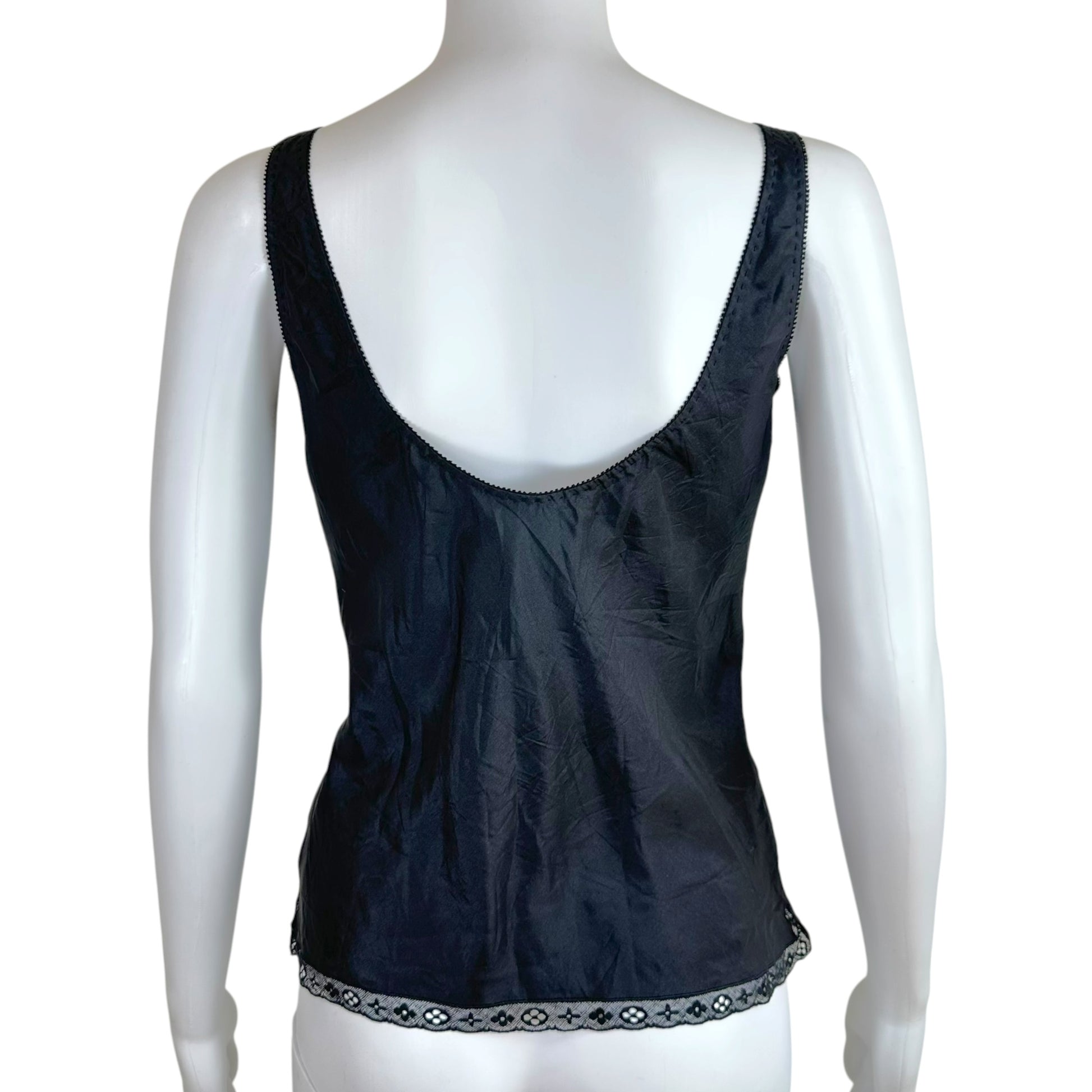 Louis Vuitton Black Silk Cami with Monogram Lace Trim