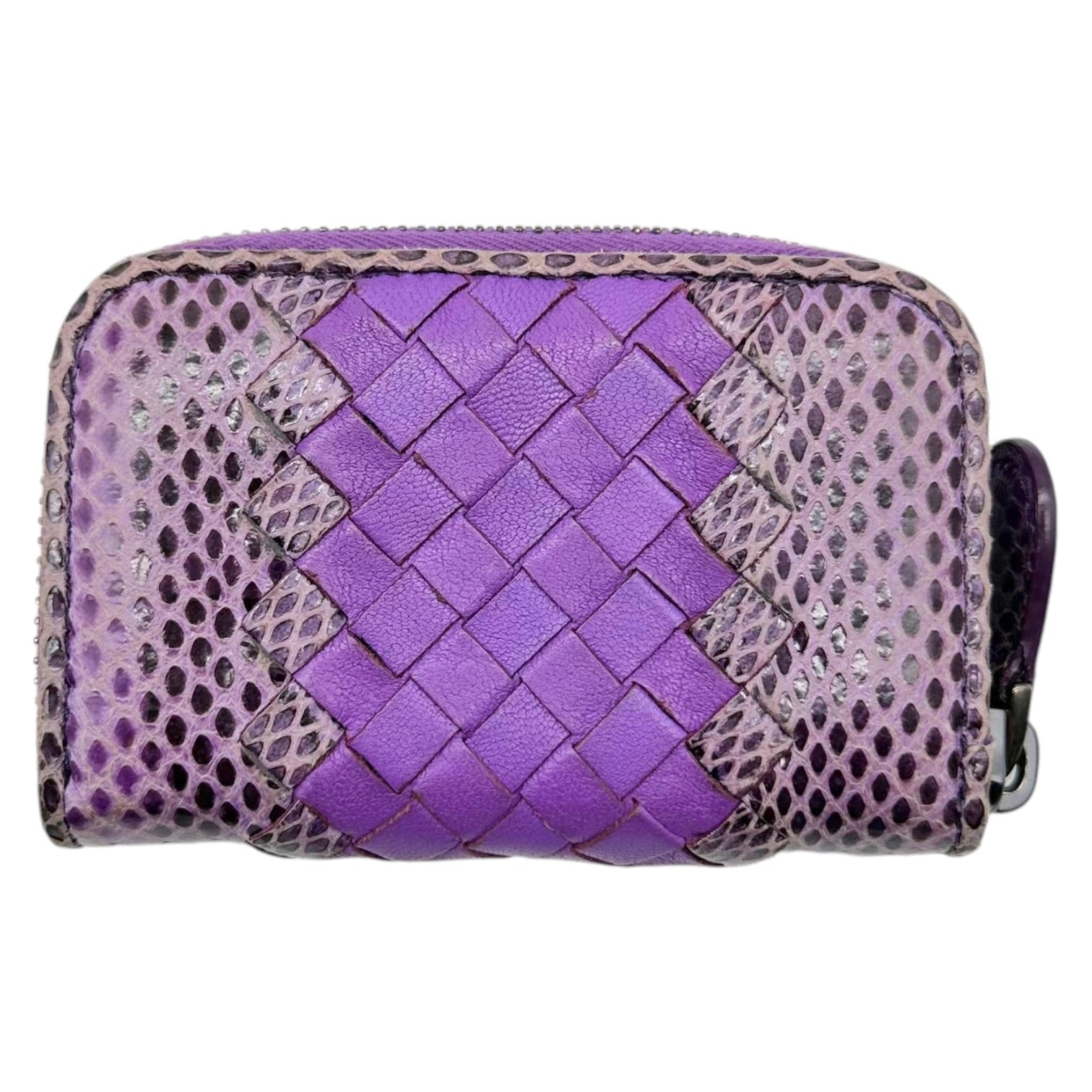 Bottega Veneta Mini Zip Wallet Purple Snakeskin Intrecciato