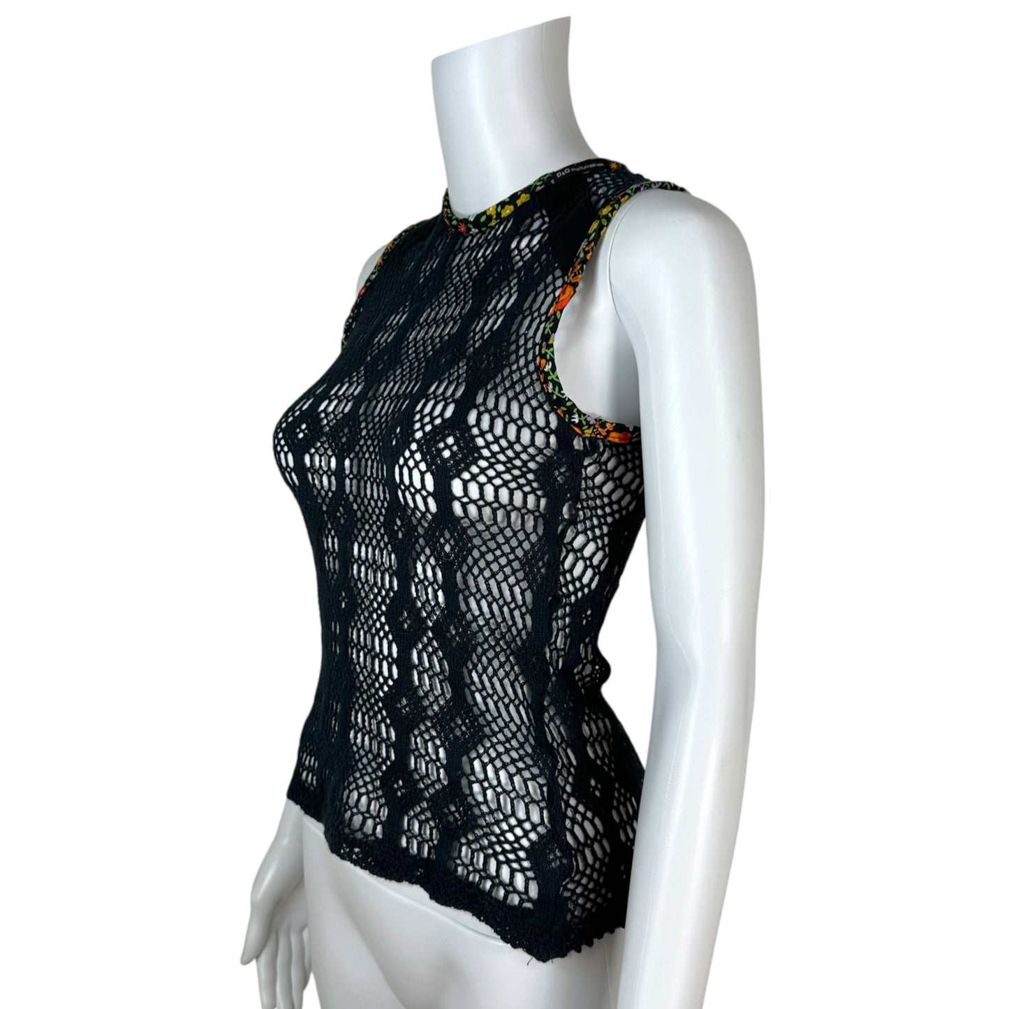 Dolce & Gabbana Black Sheer Crochet Tank Top Floral Trim