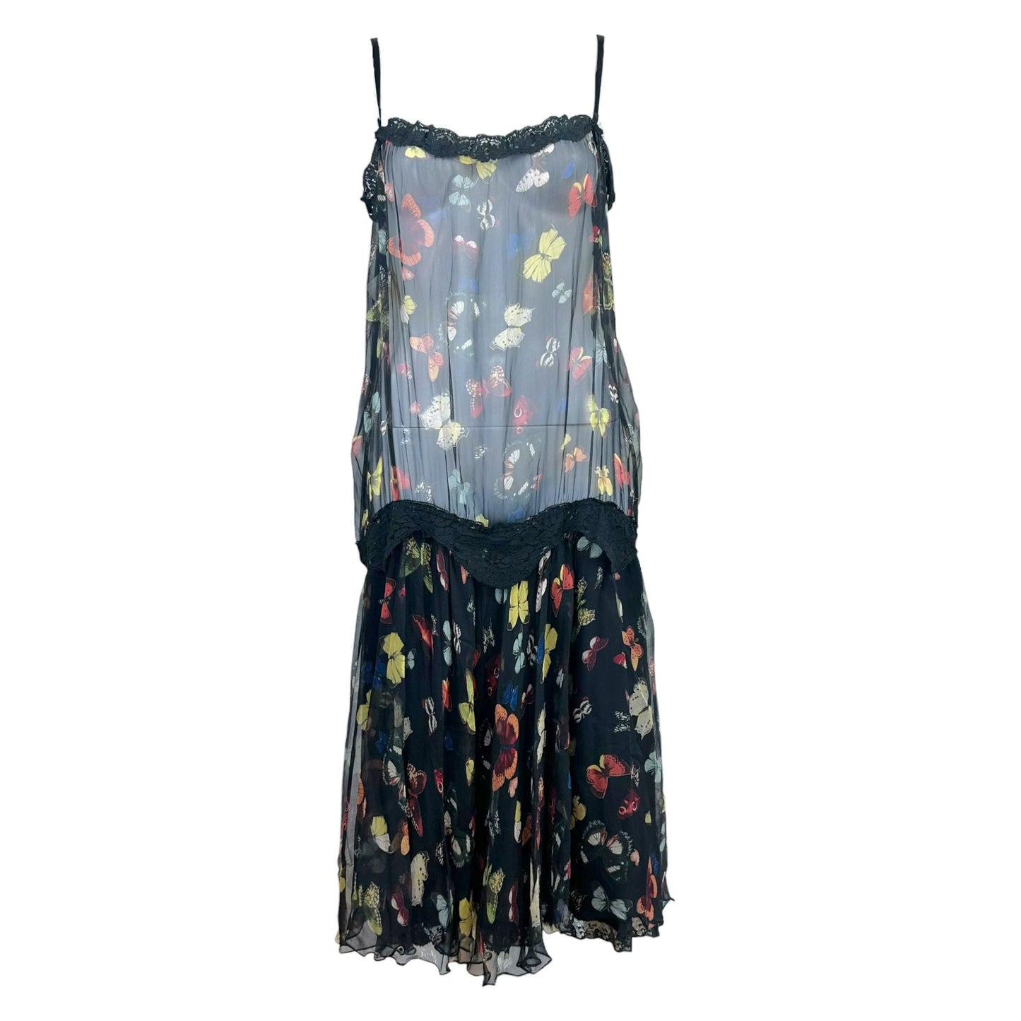 Dolce & Gabbana F/W 2001 Sheer Butterfly Print Silk & Lace Midi Dress