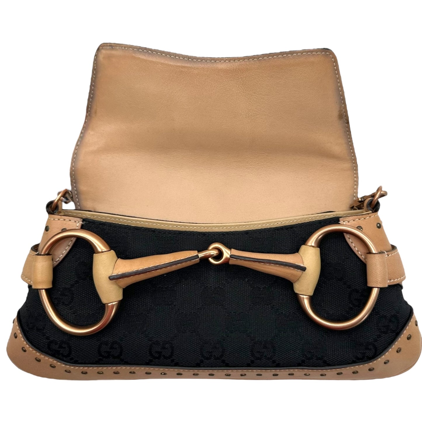 Gucci Black Monogram Canvas & Tan Leather Trim Horsebit Clutch RARE
