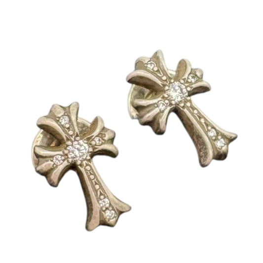 Chrome Hearts Sterling Silver Diamond Cross Stud Earrings - Outfit Repeater