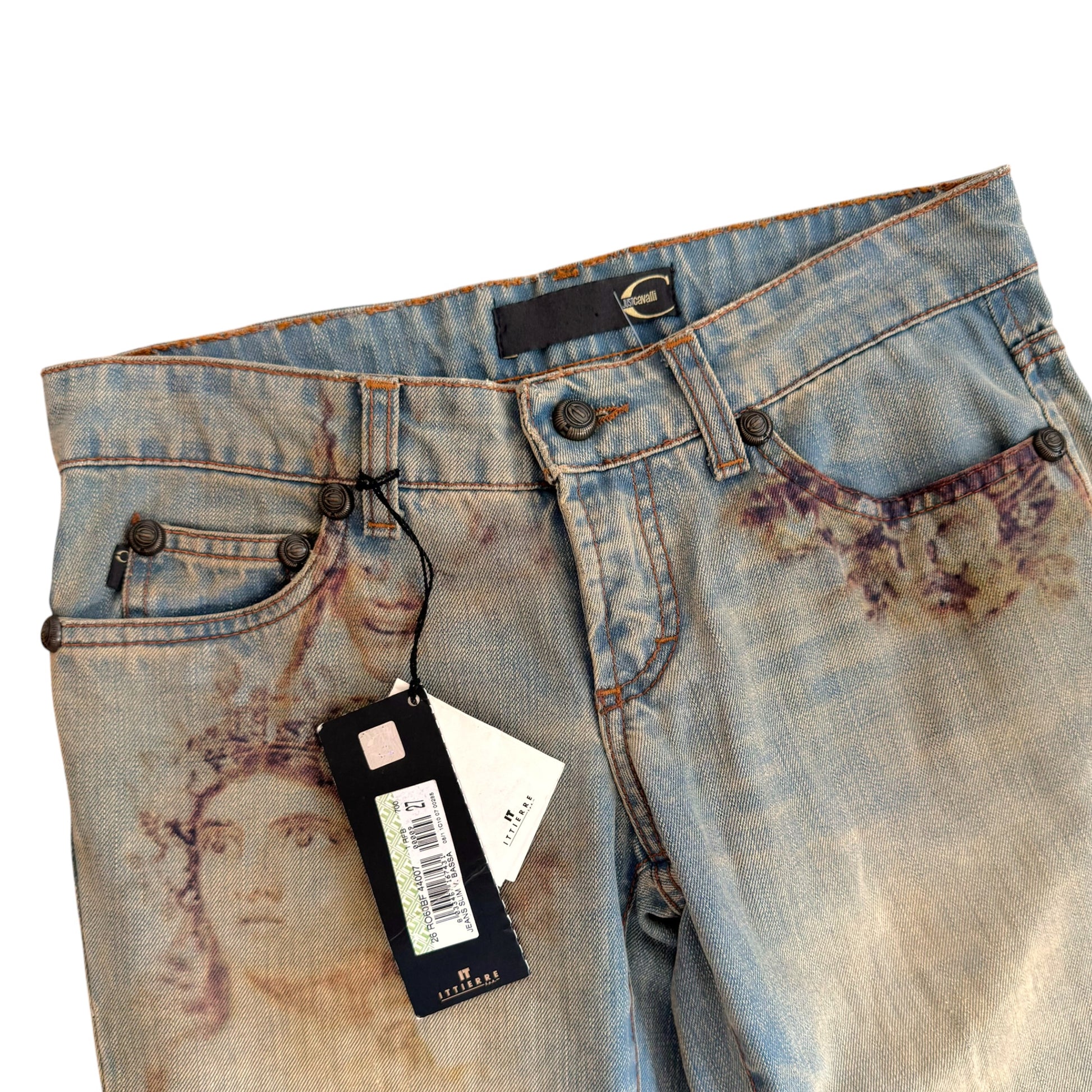 Roberto Cavalli Blue Denim Statue Print Jeans