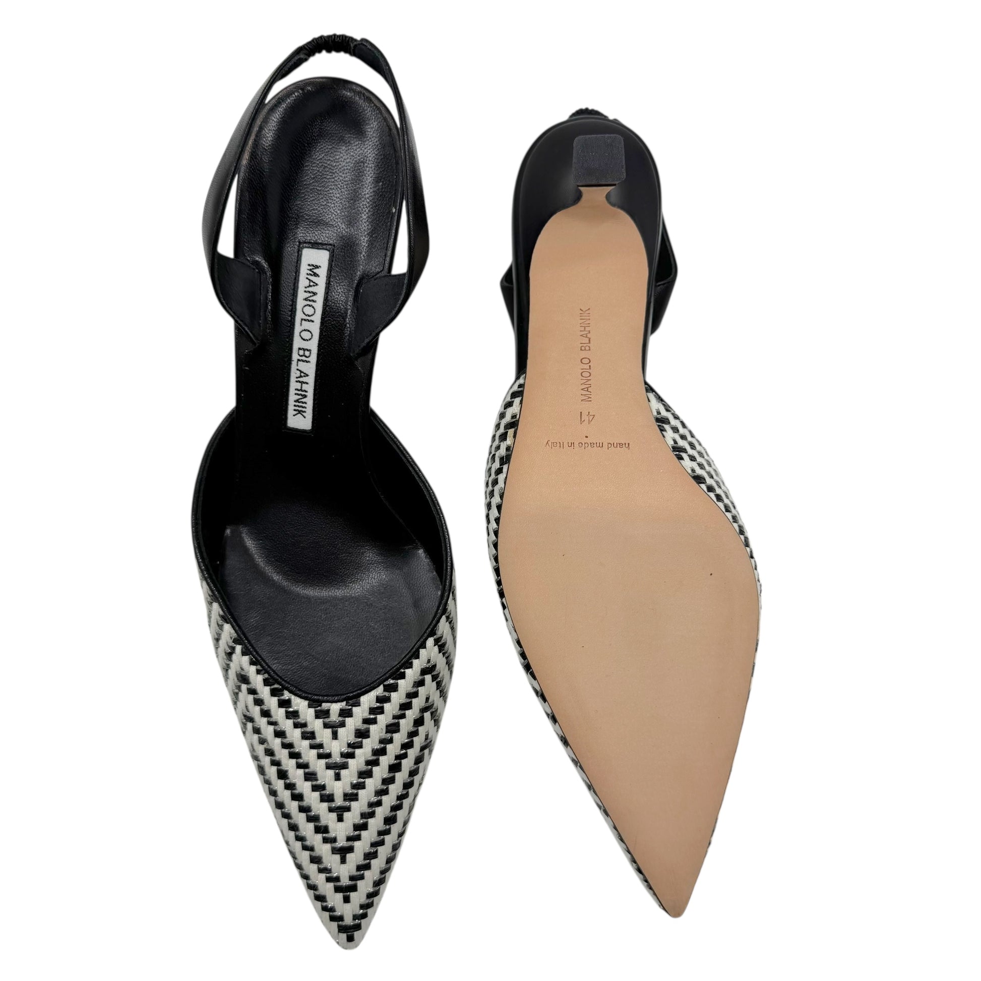 Manolo Blahnik Black & White Raffia Slingback Heels - Outfit Repeater