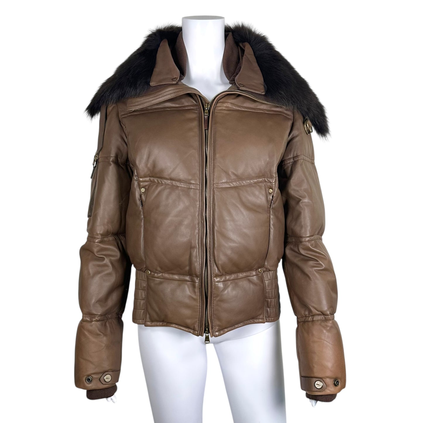 Ralph Lauren Black Label Brown Lambskin Down-Fill Fur Trim Puffer Coat