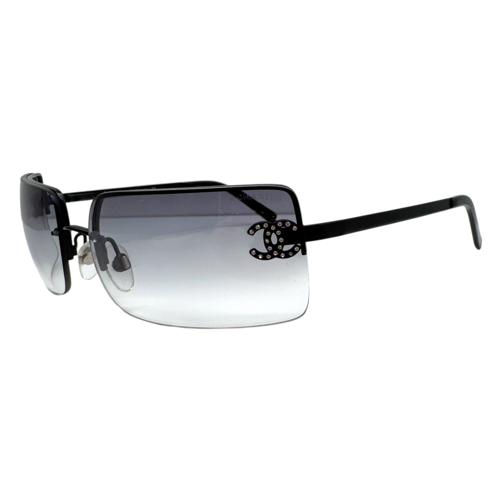 Chanel Rimless Rectangle Sunglasses Black Silver Crystal