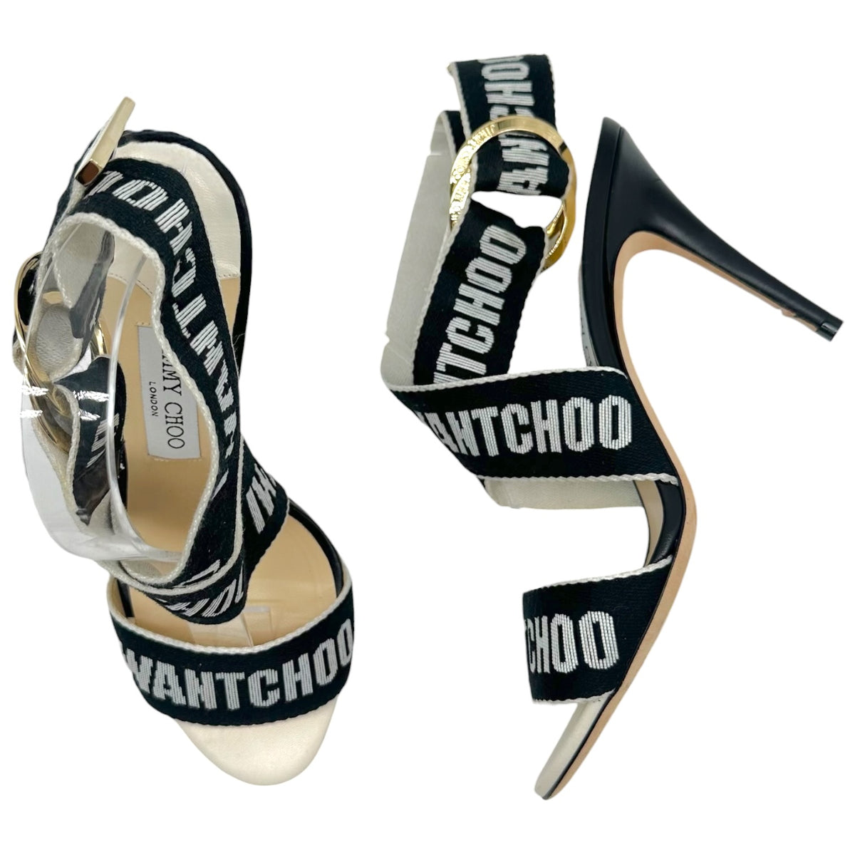 Jimmy Choo Black & White 'I Want Choo' Wrap Sandal Heels