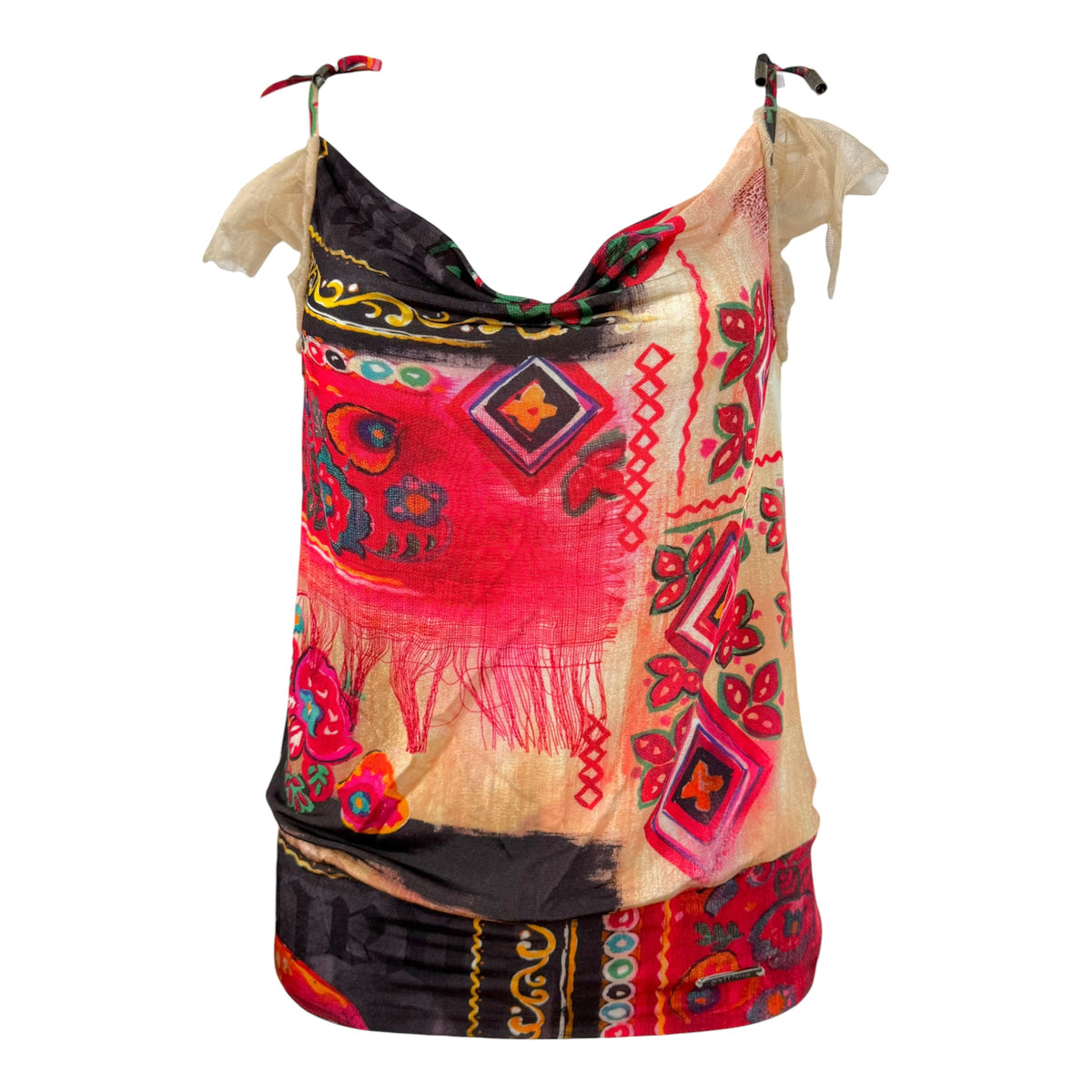 Galliano Multicolor Patterned Cowl Neck Cami Top