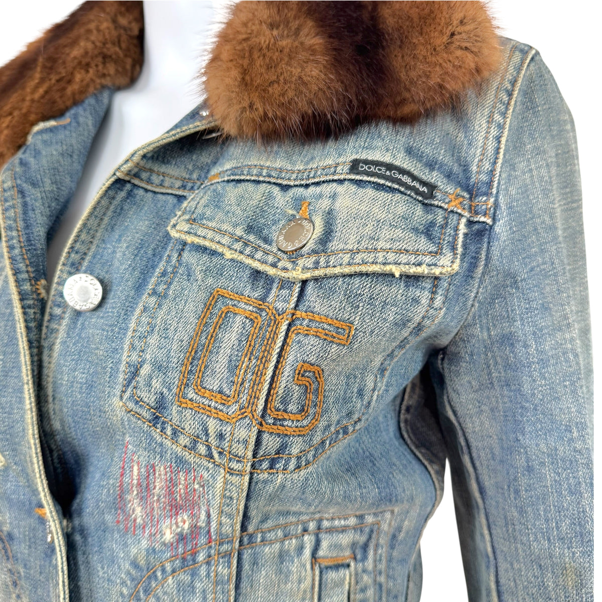 Dolce & Gabbana Denim Logo Embroidered Jacket w/ Mink Fur Collar