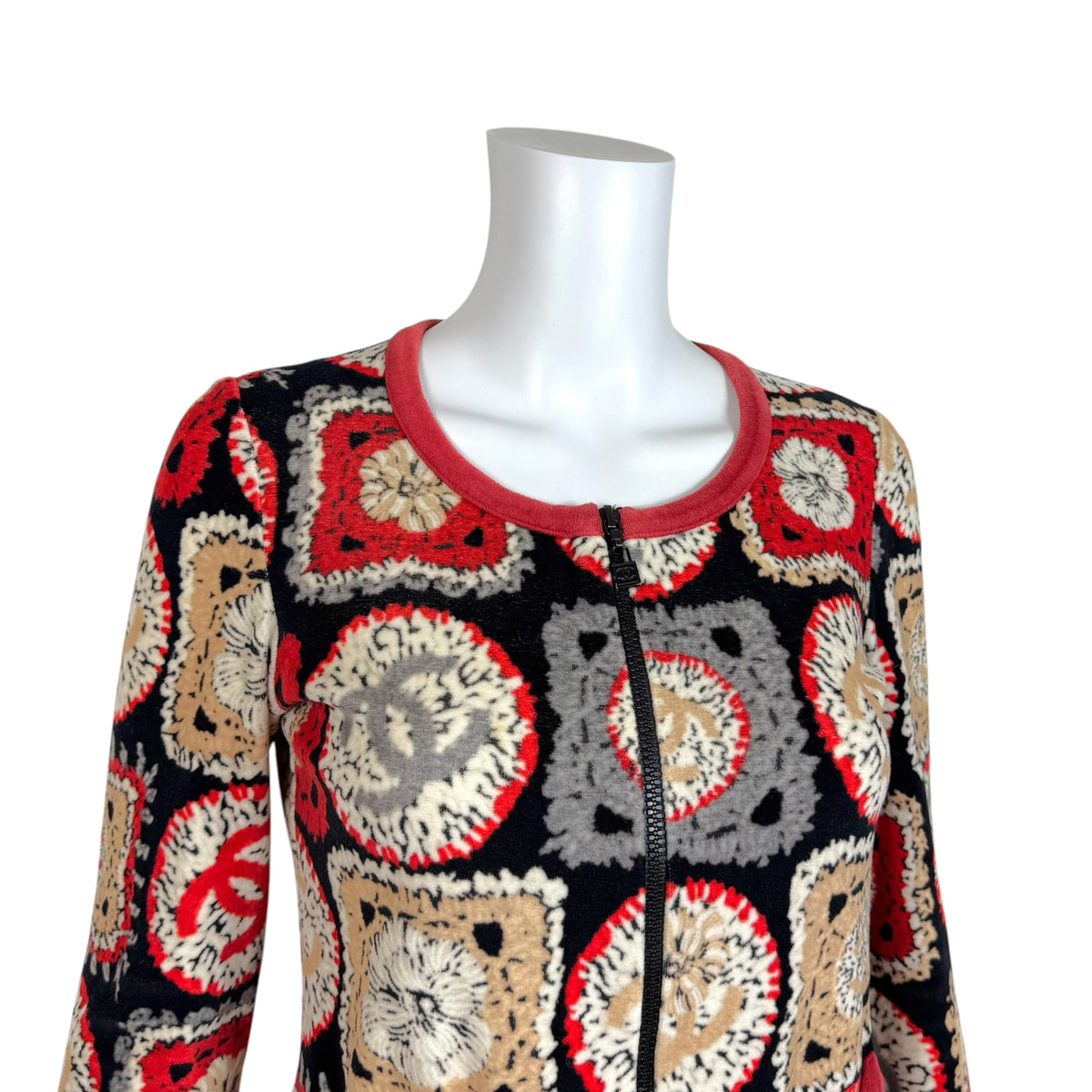 Chanel Spring 2009 Velour Crochet Square Logo Print Velour Zip-Up Top