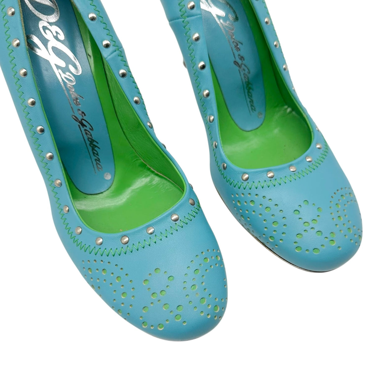 D&G Dolce & Gabbana Turquoise & Green Studded Logo Heels