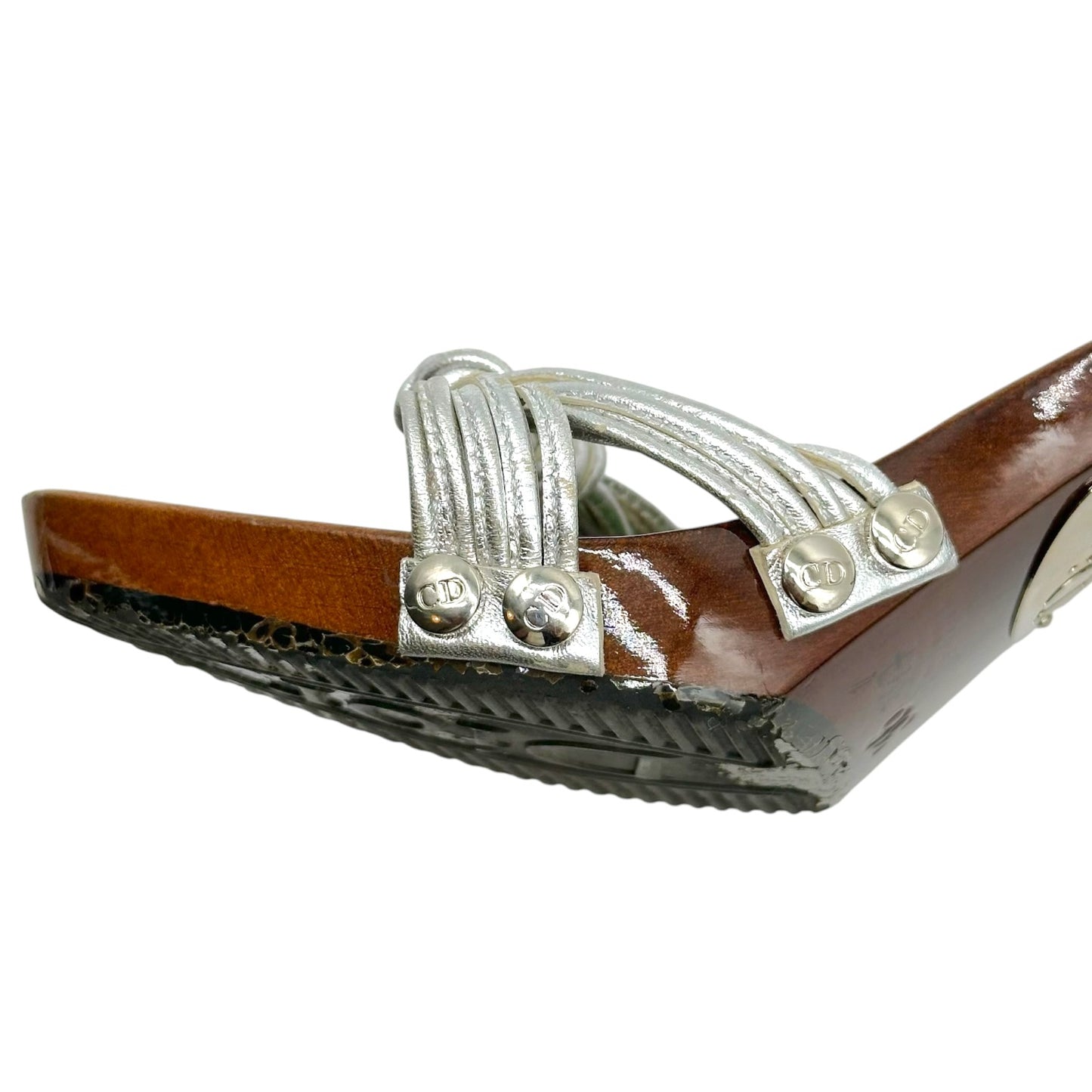 Christian Dior Silver Leather & Hand Painted Wooden Mule Heels