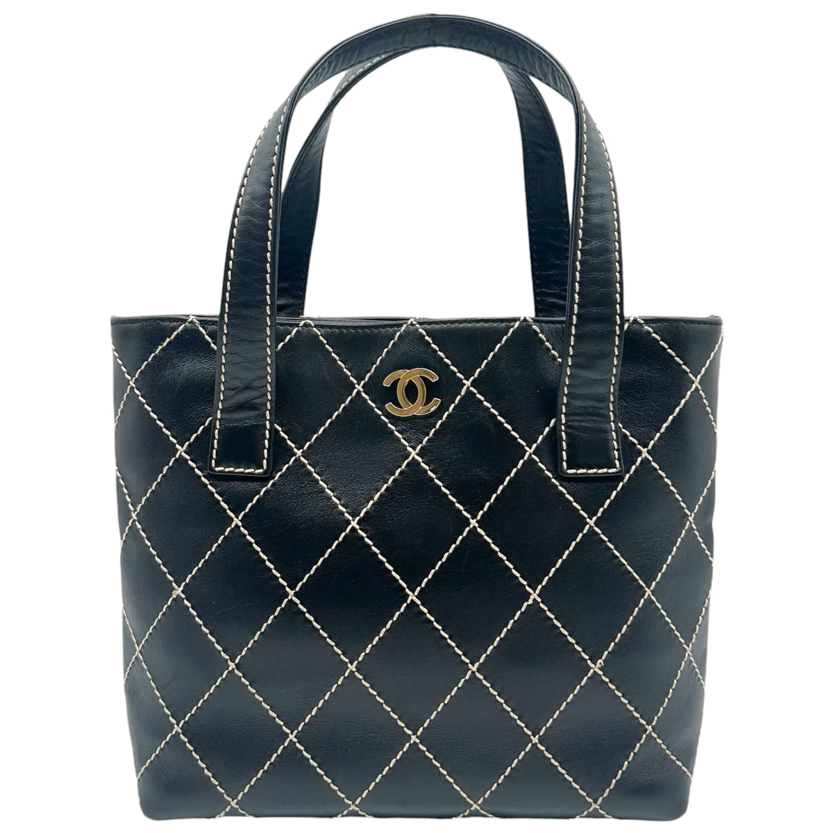 Chanel Black Ivory Contrast Wild Stitch Mini Tote Handbag