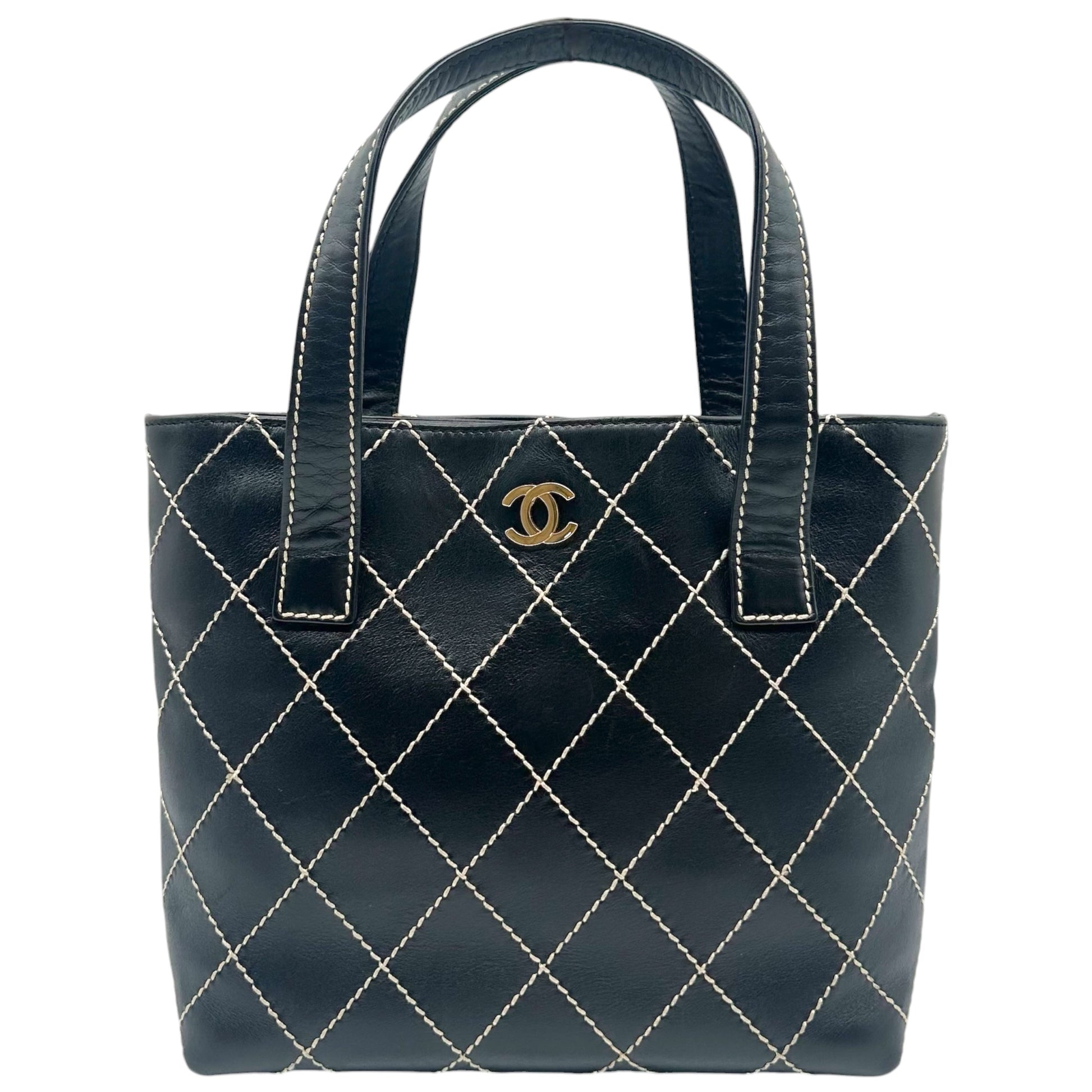 Chanel Black Ivory Contrast Wild Stitch Mini Tote Handbag
