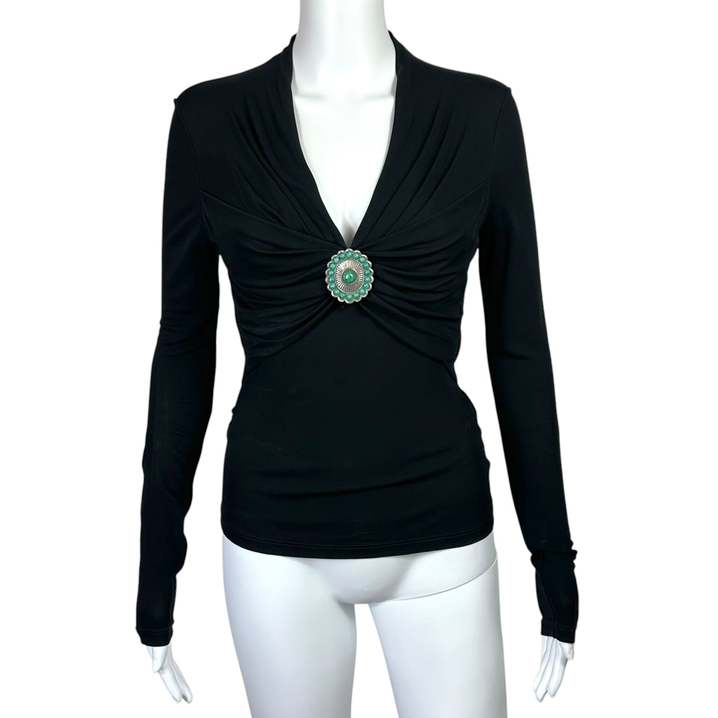 Roberto Cavalli Black V-Neck Blouse w/ Silver & Turquoise Applique