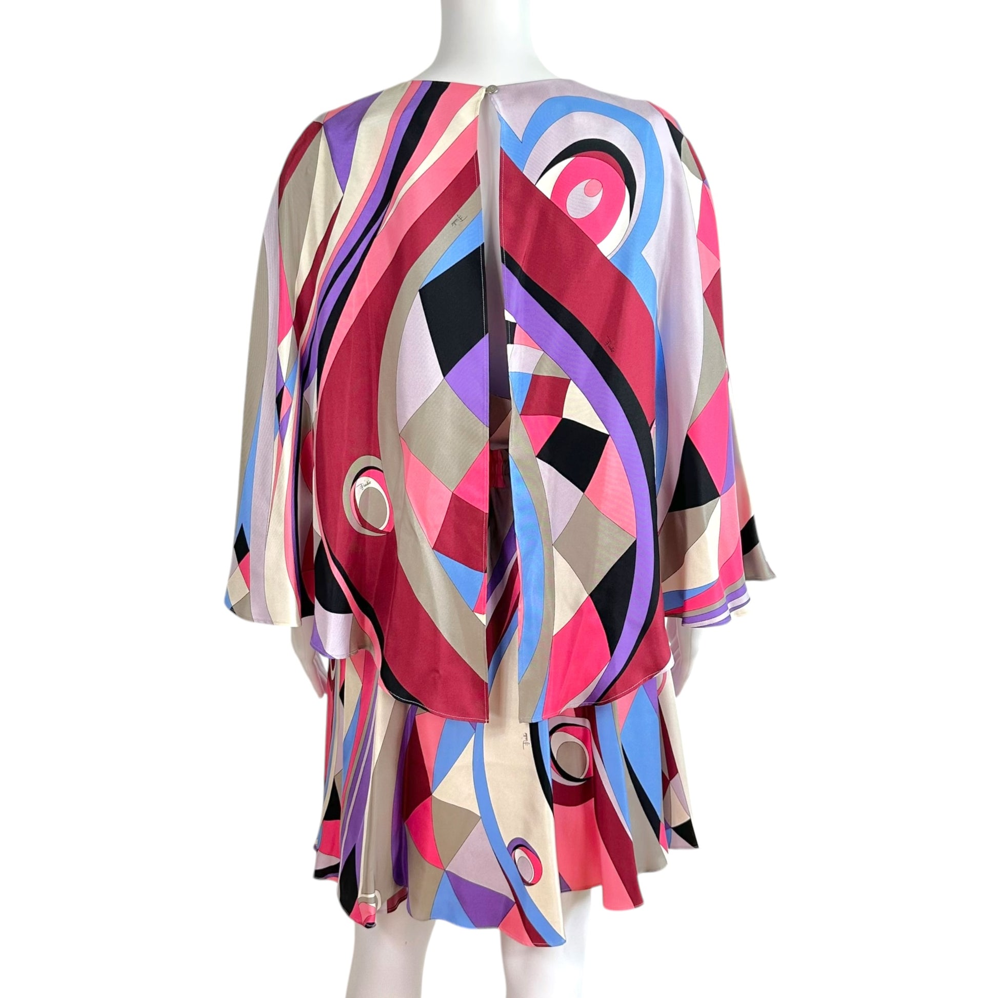 Emilio Pucci Mini Dress Pink Blue Printed Open Back Cape-Sleeve