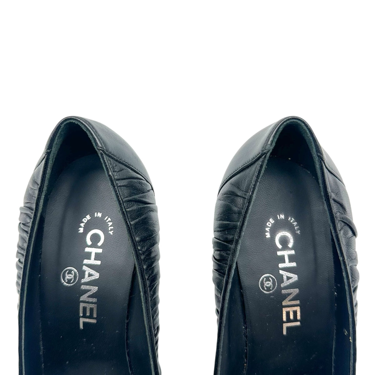 Chanel Black Ruched Leather Camellia Flower Pumps