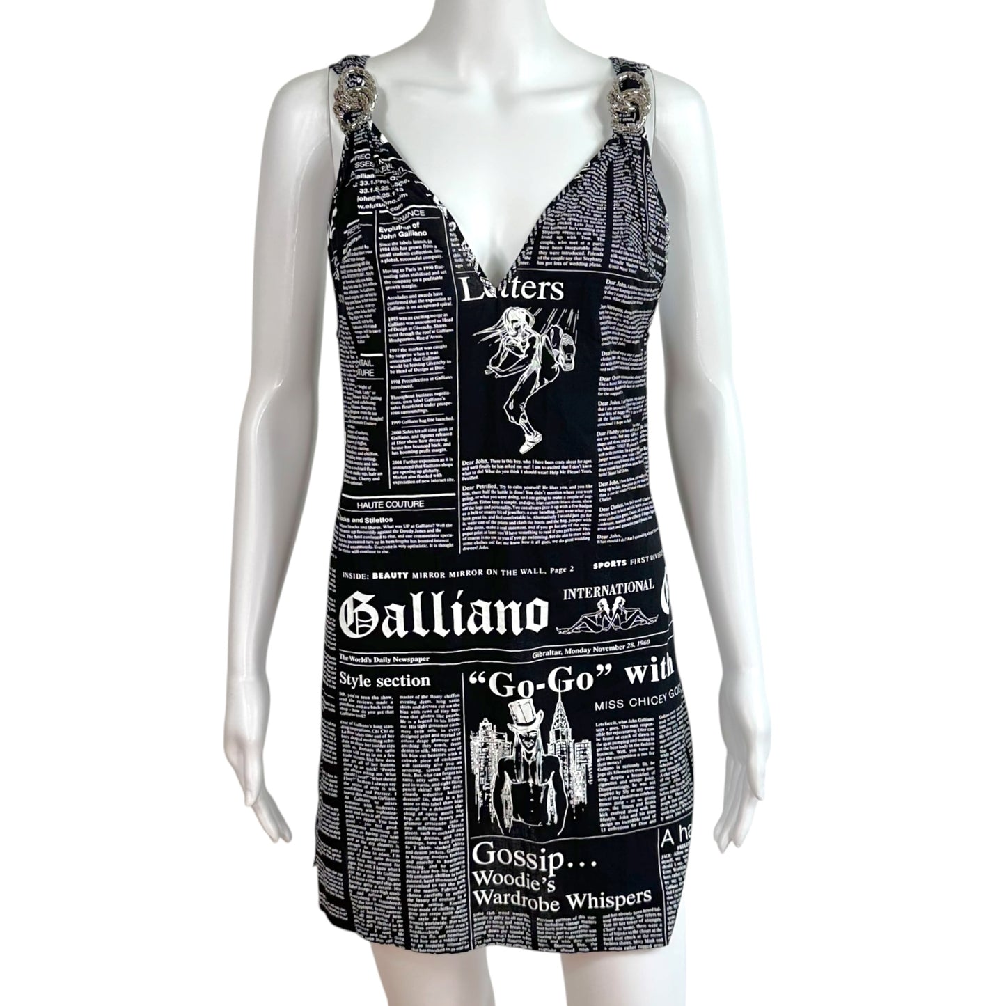 John Galliano Mini Shift Dress Black White Gazette Print