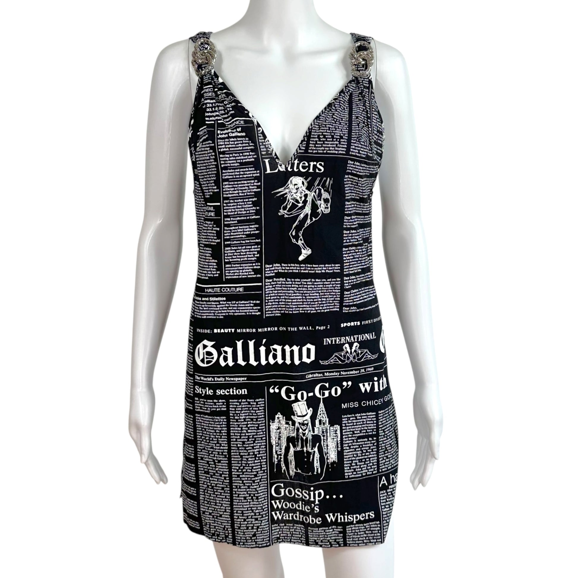 John Galliano Mini Shift Dress Black White Gazette Print