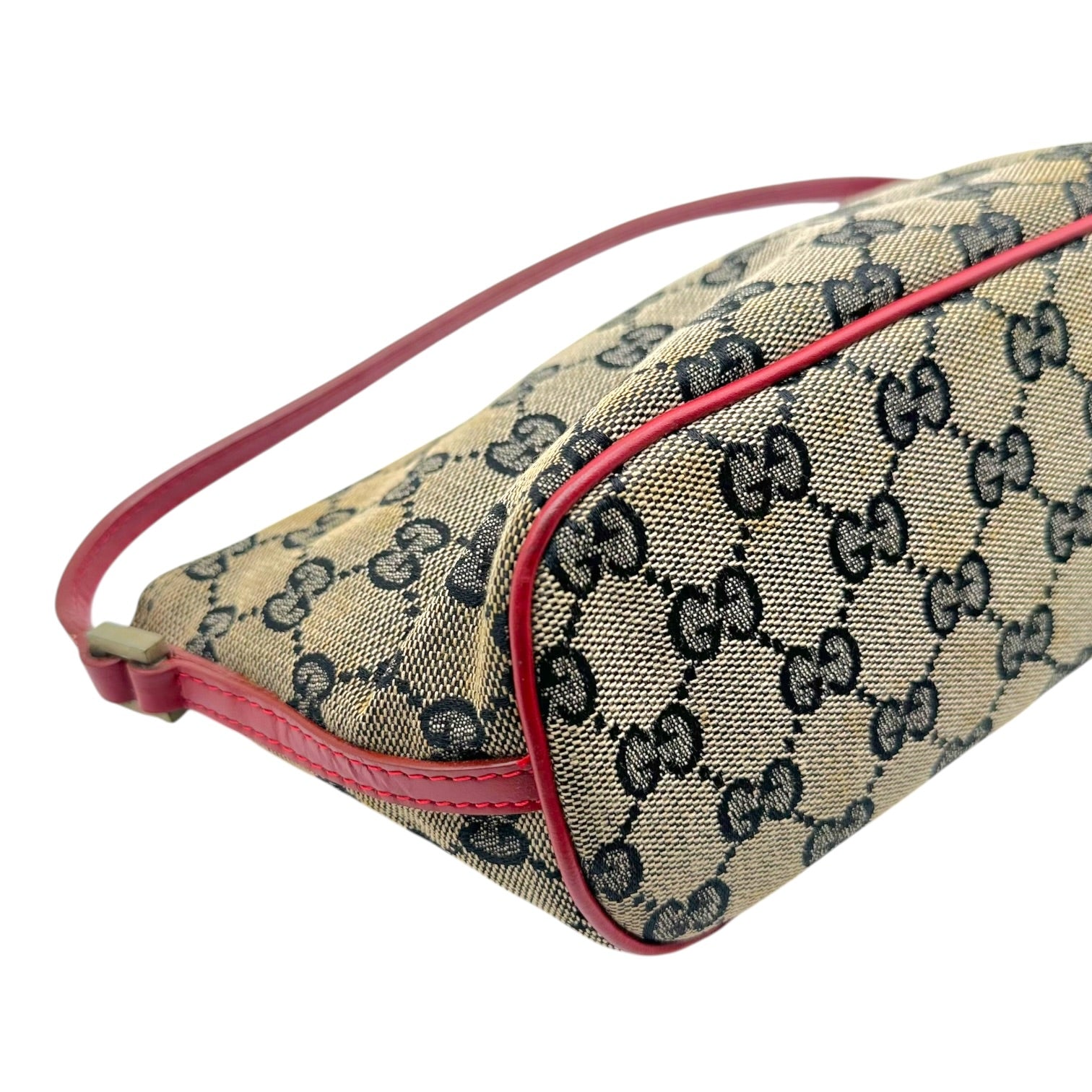 Gucci Red Leather Gray Monogram Boat Pochette Bag