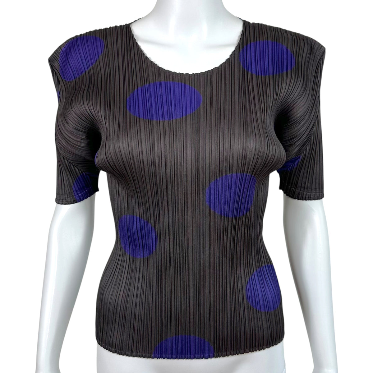 Issey Miyake Pleats Please Brown & Purple Polka Dot Print Short Sleeve Pleated Blouse Sz 3