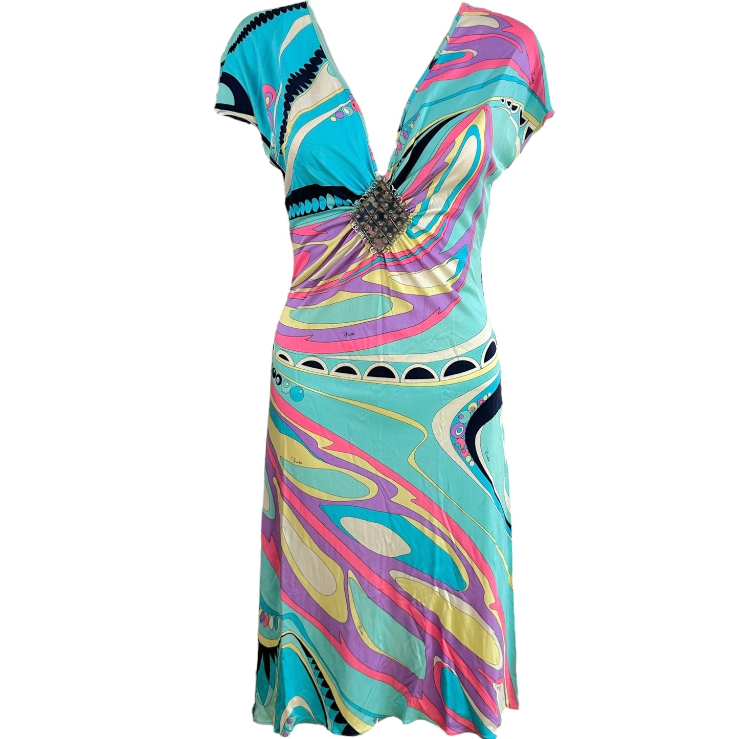 Emilio Pucci Blue & Pink Embellished Silk Midi Dress