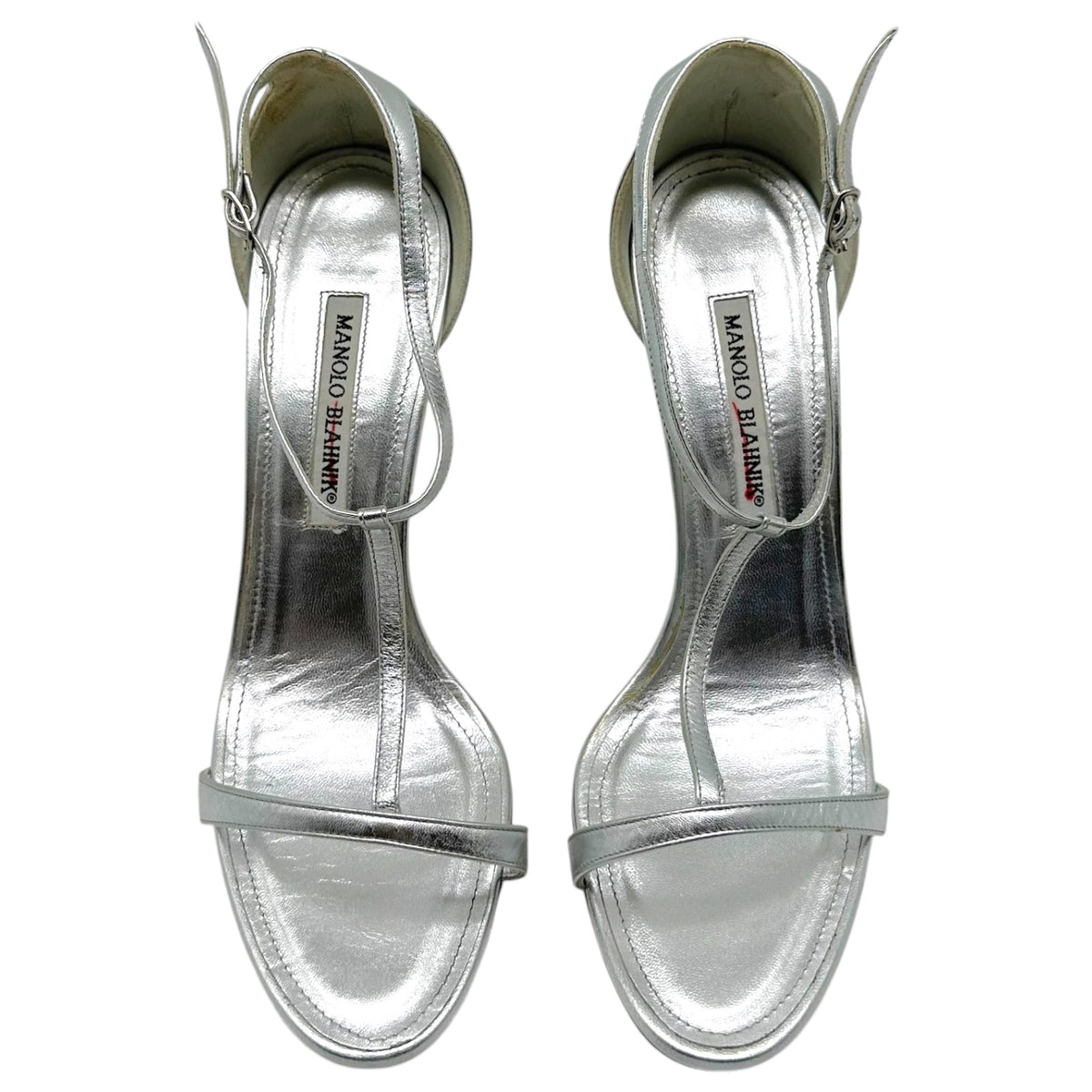 Manolo Blahnik Silver Leather Strappy Heeled Sandals