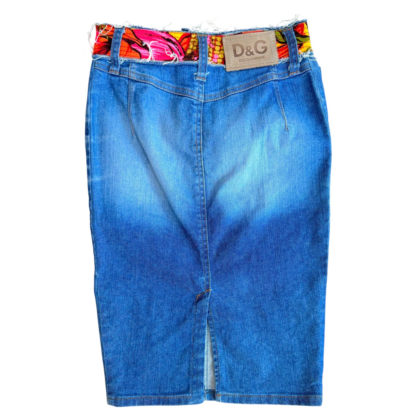 D&G Dolce & Gabbana Denim & Floral Waistband Midi Skirt