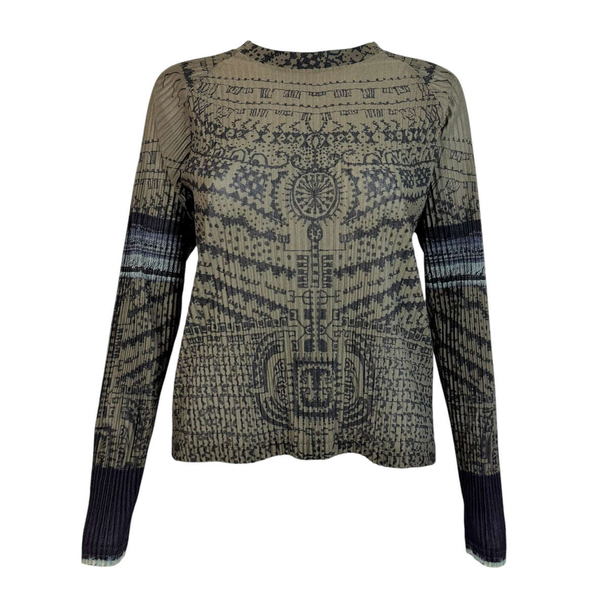 Issey Miyake Pleated Khaki Black Tattoo Print Longsleeve Top