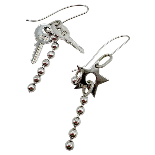 Christian Dior Silver Star & Key Logo Dangly Earrings