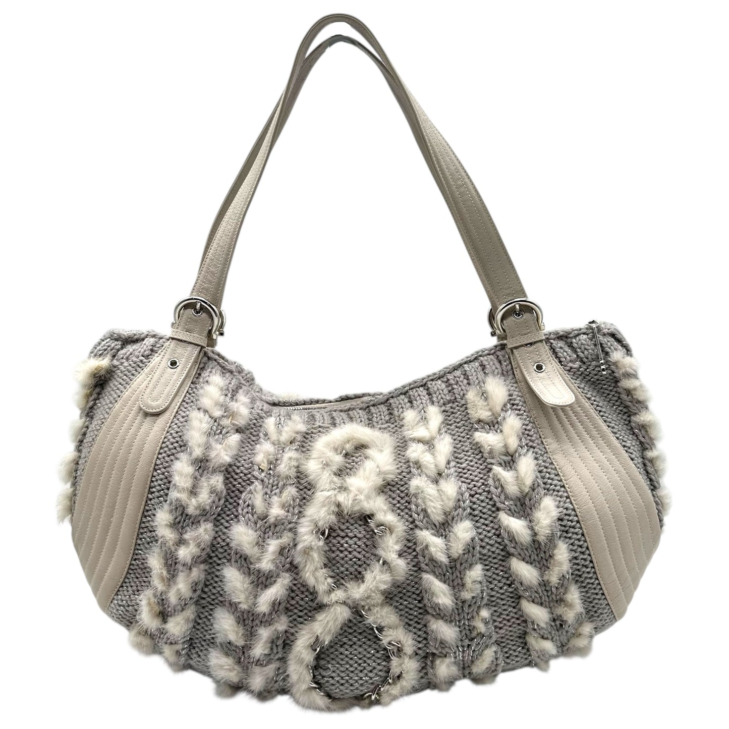 Salvatore Ferragamo Cable Knit & Rabbit Fur Shoulder Bag