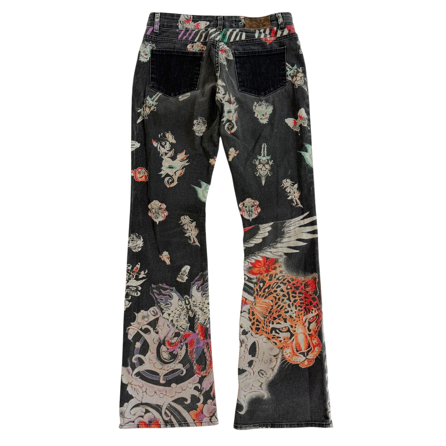 Roberto Cavalli Black Multicolor Tattoo Print Flare Jeans