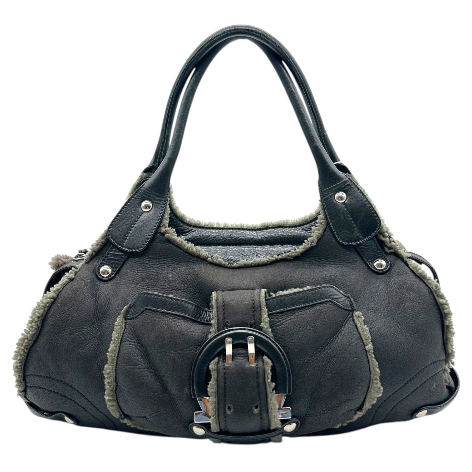 Salvatore Ferragamo Black & Green Shearling Shoulder Bag - Outfit Repeater