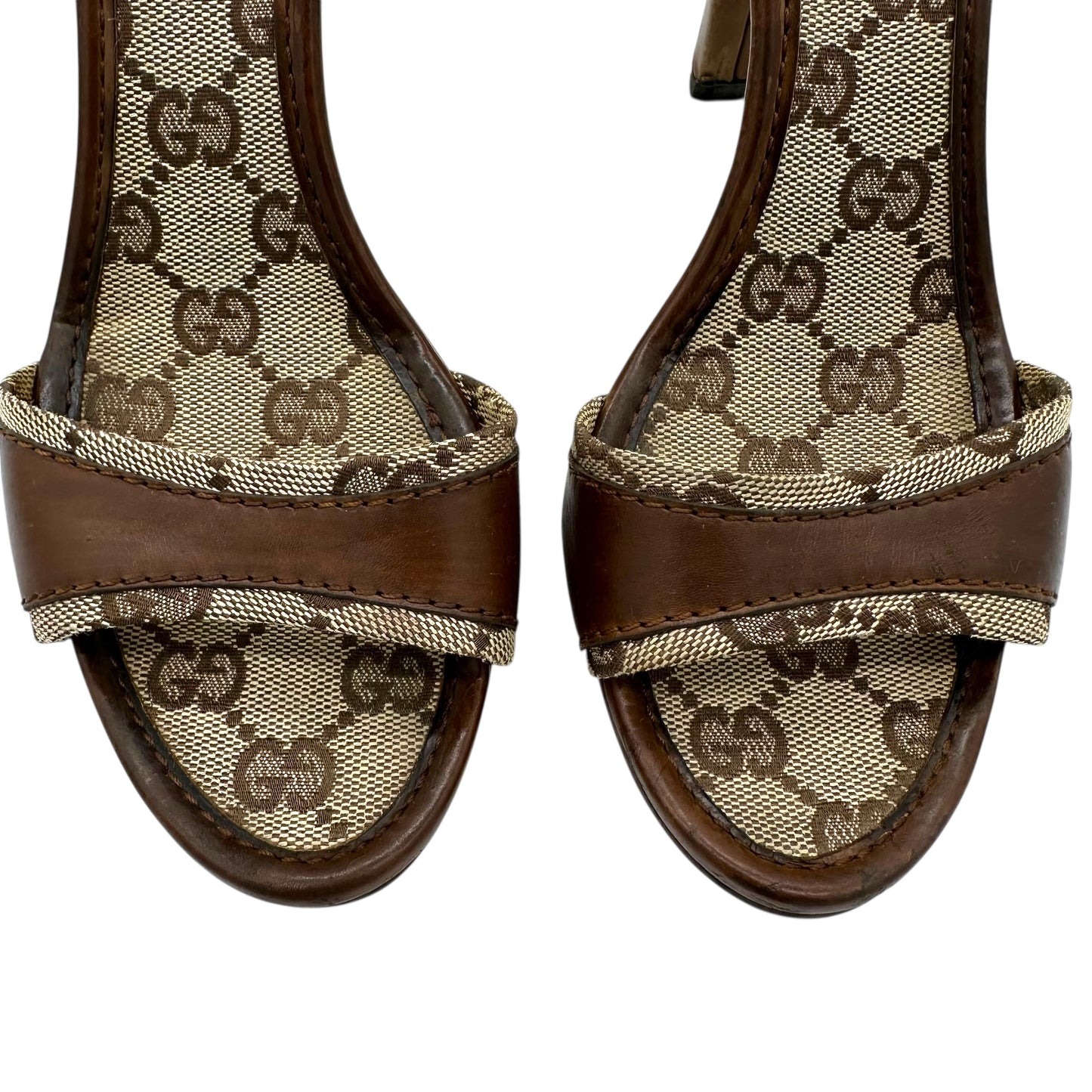 Gucci Tan Monogram Heeled Mule Sandals - Outfit Repeater